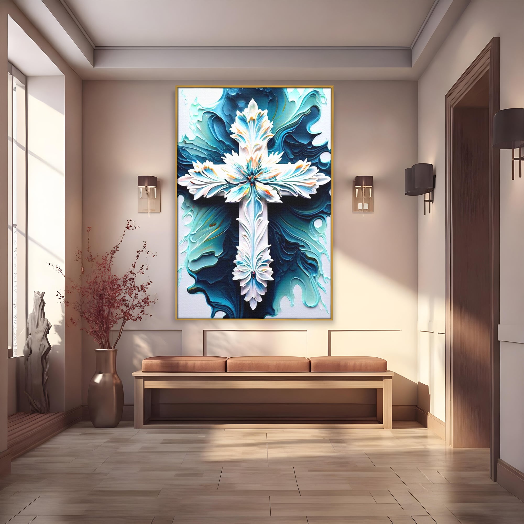 Tablou canvas cu tablou canvas cu o cruce florala, in rama de aluminiu auriu